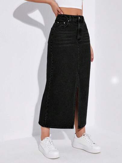 EZwear تنورة نسائية جينز كاجوال متوسطة الطول بشق جانبي وجيوب