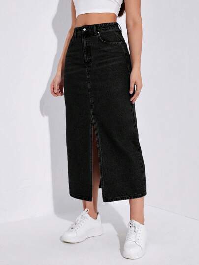 EZwear تنورة نسائية جينز كاجوال متوسطة الطول بشق جانبي وجيوب