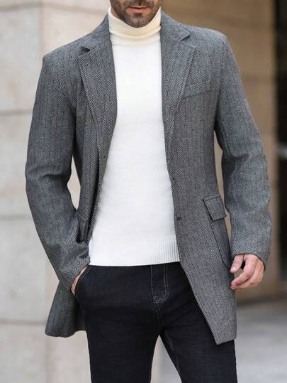Manfinity Homme جاكيت رجالية ذات رقبة بياقة انفشاري وأكمام طويلة، للارتداء الرسمي والكاجوال في فصل الخريف والشتاء