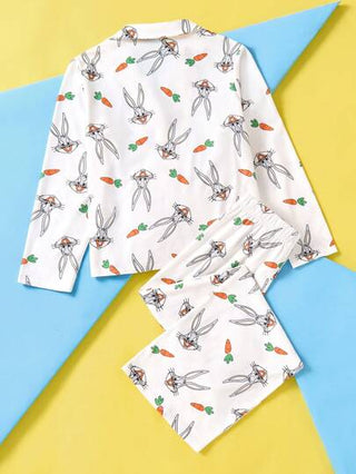 بيجاما LOONEY TUNES X  بيجامة بقميص أزرار مع طباعة أرنب كرتوني وجزر، وبنطلون قطعتين، ملابس منزلية عادية لقطة المراهقة