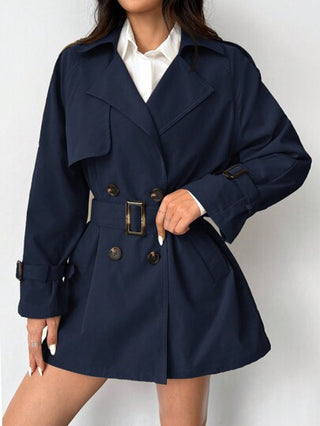 EZwear معطف بدلة طويل أزرار مزدوجة أكمام طويلة كاجوال للنساء ، ذو ياقة على شكل طوق، باللون الأحادي، موديل جديد للخريف