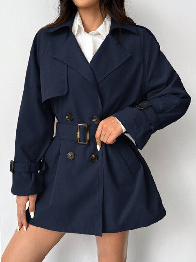 EZwear معطف بدلة طويل أزرار مزدوجة أكمام طويلة كاجوال للنساء ، ذو ياقة على شكل طوق، باللون الأحادي، موديل جديد للخريف
