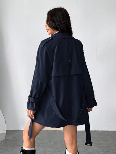 EZwear معطف بدلة طويل أزرار مزدوجة أكمام طويلة كاجوال للنساء ، ذو ياقة على شكل طوق، باللون الأحادي، موديل جديد للخريف