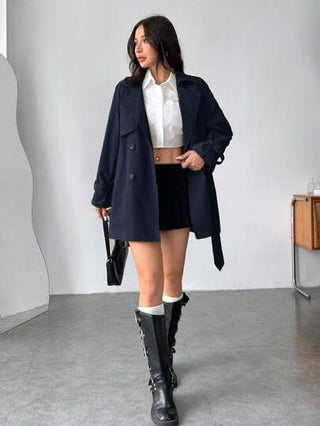 EZwear معطف بدلة طويل أزرار مزدوجة أكمام طويلة كاجوال للنساء ، ذو ياقة على شكل طوق، باللون الأحادي، موديل جديد للخريف
