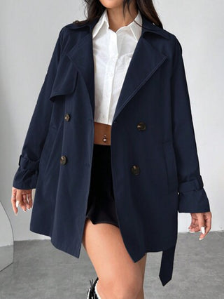 EZwear معطف بدلة طويل أزرار مزدوجة أكمام طويلة كاجوال للنساء ، ذو ياقة على شكل طوق، باللون الأحادي، موديل جديد للخريف