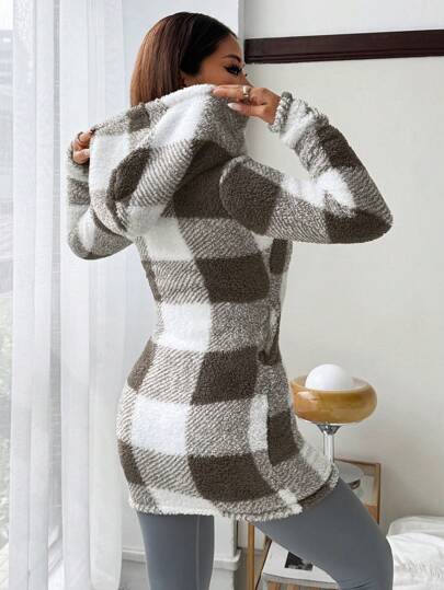 SHEIN EZwear معطف هودي مع سحاب أمامي مزين بتريم فرو وقماش مربعات، كاجوال للسيدات في فصل الخريف/الشتاء