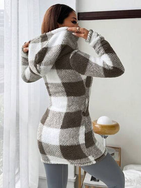 SHEIN EZwear معطف هودي مع سحاب أمامي مزين بتريم فرو وقماش مربعات، كاجوال للسيدات في فصل الخريف/الشتاء