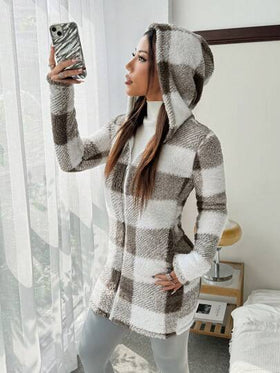 SHEIN EZwear معطف هودي مع سحاب أمامي مزين بتريم فرو وقماش مربعات، كاجوال للسيدات في فصل الخريف/الشتاء