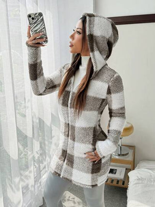 EZwear جاكيت هودي سحاب أمامي مزخرفة باللون المربع والفرو الناعم، كاجوال للسيدات
