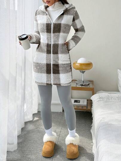 SHEIN EZwear معطف هودي مع سحاب أمامي مزين بتريم فرو وقماش مربعات، كاجوال للسيدات في فصل الخريف/الشتاء