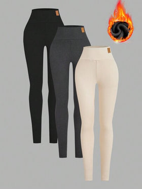 SHEIN EZwear 3 قطع سروال ضيق نسائي بلون واحد مبطن بالحرارة ، خريف/شتاء