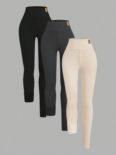 SHEIN EZwear 3 قطع سروال ضيق نسائي بلون واحد مبطن بالحرارة ، خريف/شتاء