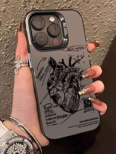 قطعة واحدة غطاء شفاف أسود بتصميم قلب كبير لهاتف iPhone متوافق مع 16PROMAX و 11 و 12 و 13PROMAX و 14PROMAX و 15