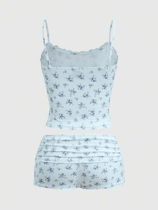 EZwear قطعتان مجموعة سيدات تتكون من توب وشورت من شريط تباين بنقشة الأزهار الصغيرة الجميلة