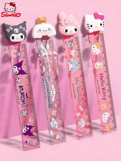 أدوات مكتبية ومدرسية Sanrio 4 قطع مسطرة 15 سم ، قرطاسية مبتكرة كرتونية لطيفة من البلاستيك الشفاف