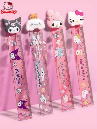 أدوات مكتبية ومدرسية Sanrio 4 قطع مسطرة 15 سم ، قرطاسية مبتكرة كرتونية لطيفة من البلاستيك الشفاف