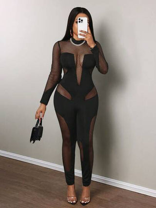 Slaydiva جمبسوت نسائية بياقة مستديرة وأكمام طويلة، من القماش الشبكي الشفاف، إطلالة جريئة