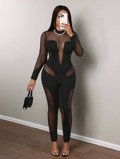 Slaydiva جمبسوت نسائية بياقة مستديرة وأكمام طويلة، من القماش الشبكي الشفاف، إطلالة جريئة
