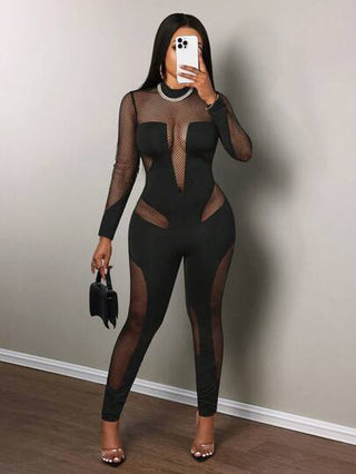 Slaydiva جمبسوت نسائية بياقة مستديرة وأكمام طويلة، من القماش الشبكي الشفاف، إطلالة جريئة