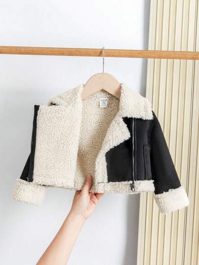 SHEIN معطف خارجي جاكيت أطفال بنات طويلة الأكمام مبطنة حرارياً بياقة من الجلد المدبوغ، رياضي وكاجوال، خريف/شتاء