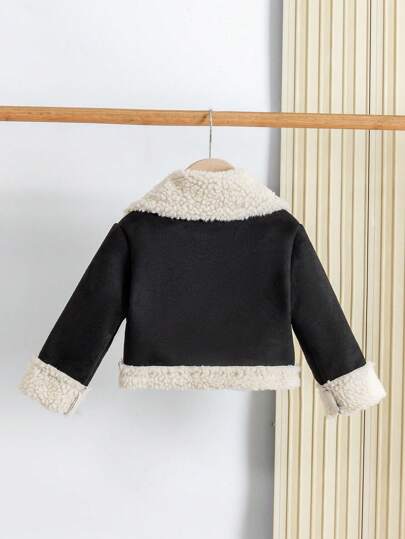SHEIN معطف خارجي جاكيت أطفال بنات طويلة الأكمام مبطنة حرارياً بياقة من الجلد المدبوغ، رياضي وكاجوال، خريف/شتاء