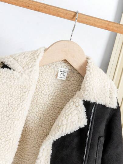 SHEIN معطف خارجي جاكيت أطفال بنات طويلة الأكمام مبطنة حرارياً بياقة من الجلد المدبوغ، رياضي وكاجوال، خريف/شتاء