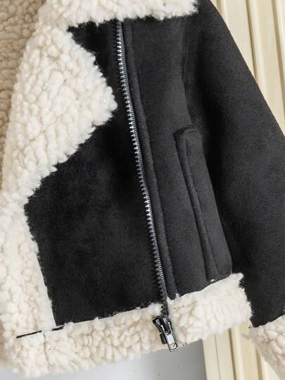 SHEIN معطف خارجي جاكيت أطفال بنات طويلة الأكمام مبطنة حرارياً بياقة من الجلد المدبوغ، رياضي وكاجوال، خريف/شتاء