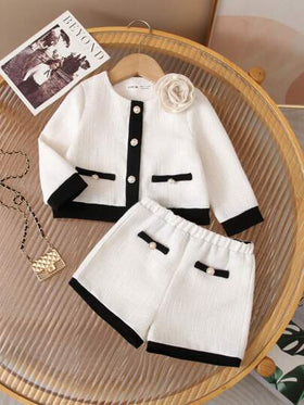 SHEIN طقم جاكيت أكمام طويلة وشورت خصر مطاطي من القماش المنسوج الملون، أنيق وجذاب للفتيات الصغيرات
