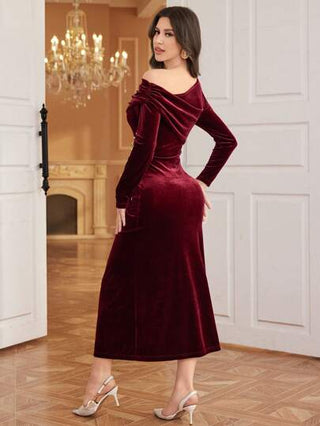 Modelyn 1قطعة فستان ستان طويل للنساء ذو تصميم عنق غير متماثل، أنيق وعصري، مناسب لحفلات المساء