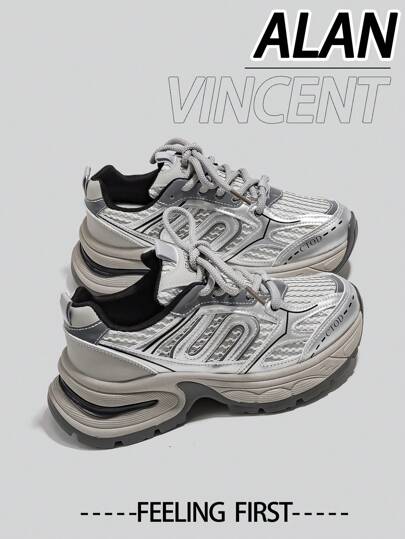 Alan Vincent [سلسلة أحذية المدينة] أحذية رياضية فضية للنساء ربيع 2025 أحذية رياضية جديدة ذات وسادة سميكة للنساء مريحة وعصرية ، أحذية جري مخفضة للارتفاع ، أحذية رياضية نسائية أنيقة للخارج، أحذية نسائية مصنوعة من شبكة تنفس