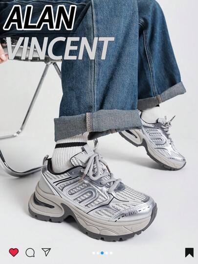 Alan Vincent [سلسلة أحذية المدينة] أحذية رياضية فضية للنساء ربيع 2025 أحذية رياضية جديدة ذات وسادة سميكة للنساء مريحة وعصرية ، أحذية جري مخفضة للارتفاع ، أحذية رياضية نسائية أنيقة للخارج، أحذية نسائية مصنوعة من شبكة تنفس