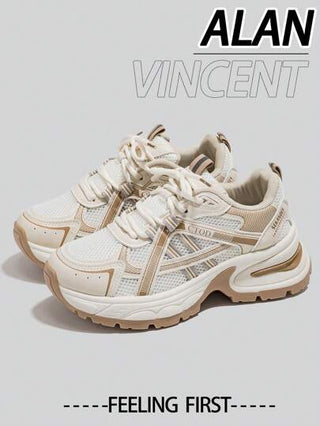Alan Vincent [سلسلة حذاء المدينة] أحذية رياضية للنساء بتصميم خاكي موديل 2025، أحذية رياضية جديدة للربيع ذات نعل سميك، أحذية رياضية مريحة وأنيقة للجري، أحذية رياضية كاجوال للنساء للاستخدام الخارجي، أحذية نسائية مريحة ومنفذة للهواء