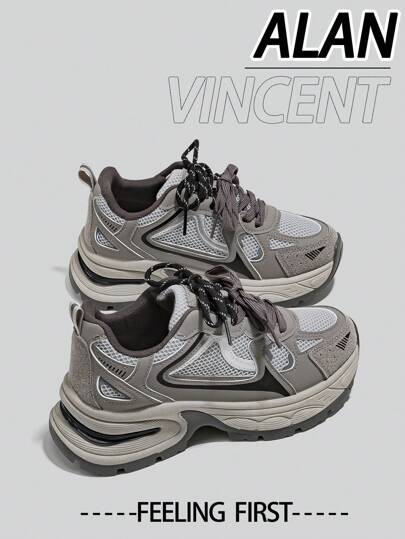 Alan Vincent [سلسلة كرة القدم الحضرية] أحذية رياضية رمادية للنساء 2025 الربيع الجديد أحذية رياضية سميكة الوقاية للنساء مريحة وعصرية أحذية الجري مع رفع الارتفاع والرياضية الخفيفة للنساء تنفس الشبكي