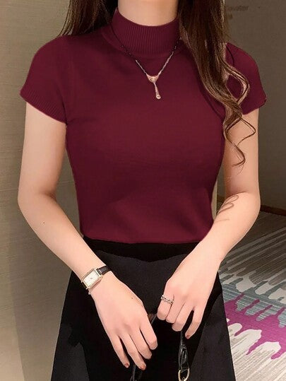EMERY ROSE ملابس علوية محبوكة ذات نصف رقبة عالية بقصة مناسبة وأكمام قصيرة، لوناً واحداً، مناسبة للخريف والشتاء للنساء