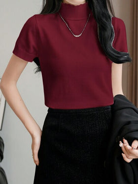 EMERY ROSE ملابس علوية محبوكة ذات نصف رقبة عالية بقصة مناسبة وأكمام قصيرة، لوناً واحداً، مناسبة للخريف والشتاء للنساء