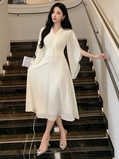 فساتين حريمي DAZY فستان جميل للنساء بياقة على شكل V وطيات من الشيفون متوسط الطول، مناسب لحضور حفلات الزفاف، فستان ربيعي/صيفي أنيق للحفلات