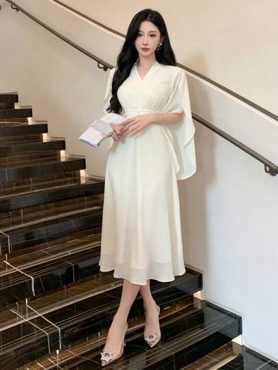فساتين حريمي DAZY فستان جميل للنساء بياقة على شكل V وطيات من الشيفون متوسط الطول، مناسب لحضور حفلات الزفاف، فستان ربيعي/صيفي أنيق للحفلات