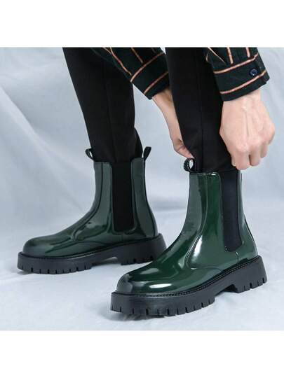 بوت تشيلسي جلدية عالية الكاحل للرجال، بوت نصف الساق لامعة، بوت حمولة عصرية مانعة للانزلاق وقابلة للتنفس، بوت دراجات نارية