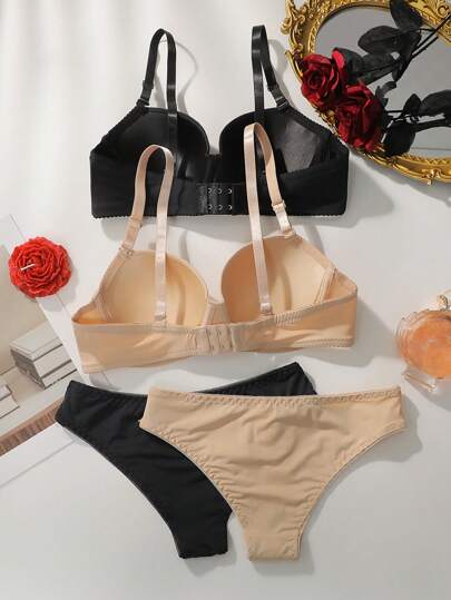 Shein Underwear&Sleepwear Basics مجموعتان من ملابس داخلية للسيدات بألوان كتلة، حمالة صدر بسلك وسراويل داخلية مثلثة
