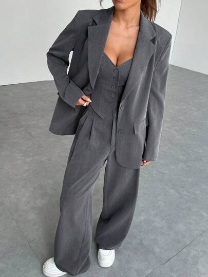 SHEIN EZwear مجموعة ملابس علوية وبنطلون كاجوال بأكمام طويلة وجيب وياقة مرتدية، بأزرار أمامية، مناسبة للخريف والشتاء، قطعتان