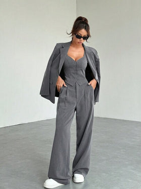 SHEIN EZwear مجموعة ملابس علوية وبنطلون كاجوال بأكمام طويلة وجيب وياقة مرتدية، بأزرار أمامية، مناسبة للخريف والشتاء، قطعتان