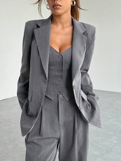 SHEIN EZwear مجموعة ملابس علوية وبنطلون كاجوال بأكمام طويلة وجيب وياقة مرتدية، بأزرار أمامية، مناسبة للخريف والشتاء، قطعتان
