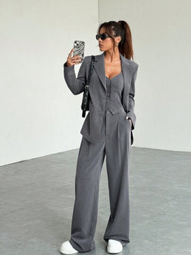 SHEIN EZwear مجموعة ملابس علوية وبنطلون كاجوال بأكمام طويلة وجيب وياقة مرتدية، بأزرار أمامية، مناسبة للخريف والشتاء، قطعتان