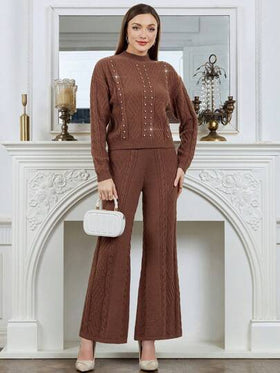 Modelyn مجموعة تنورة وكنزة نسائية مكونة من قطعتين بتطريز الراين، تصميم متناسق مع الخصر العالي