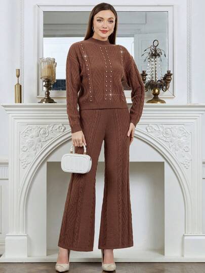 Modelyn مجموعة تنورة وكنزة نسائية مكونة من قطعتين بتطريز الراين، تصميم متناسق مع الخصر العالي