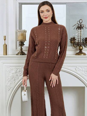 Modelyn مجموعة تنورة وكنزة نسائية مكونة من قطعتين بتطريز الراين، تصميم متناسق مع الخصر العالي
