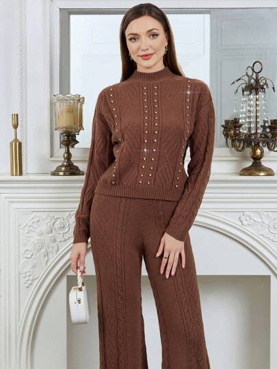 Modelyn مجموعة تنورة وكنزة نسائية مكونة من قطعتين بتطريز الراين، تصميم متناسق مع الخصر العالي