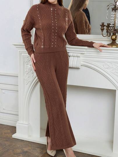 Modelyn مجموعة تنورة وكنزة نسائية مكونة من قطعتين بتطريز الراين، تصميم متناسق مع الخصر العالي
