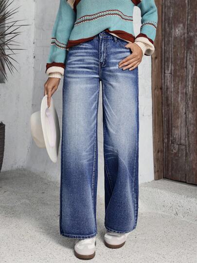 SHEIN LUNE جينز سيدات بساق مستقيمة، غسيل عتيق، أنيق
