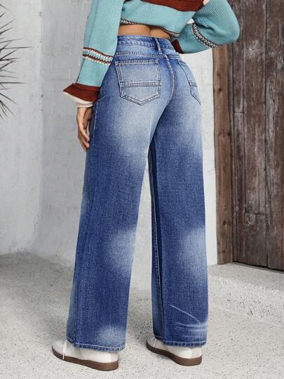 SHEIN LUNE جينز سيدات بساق مستقيمة، غسيل عتيق، أنيق